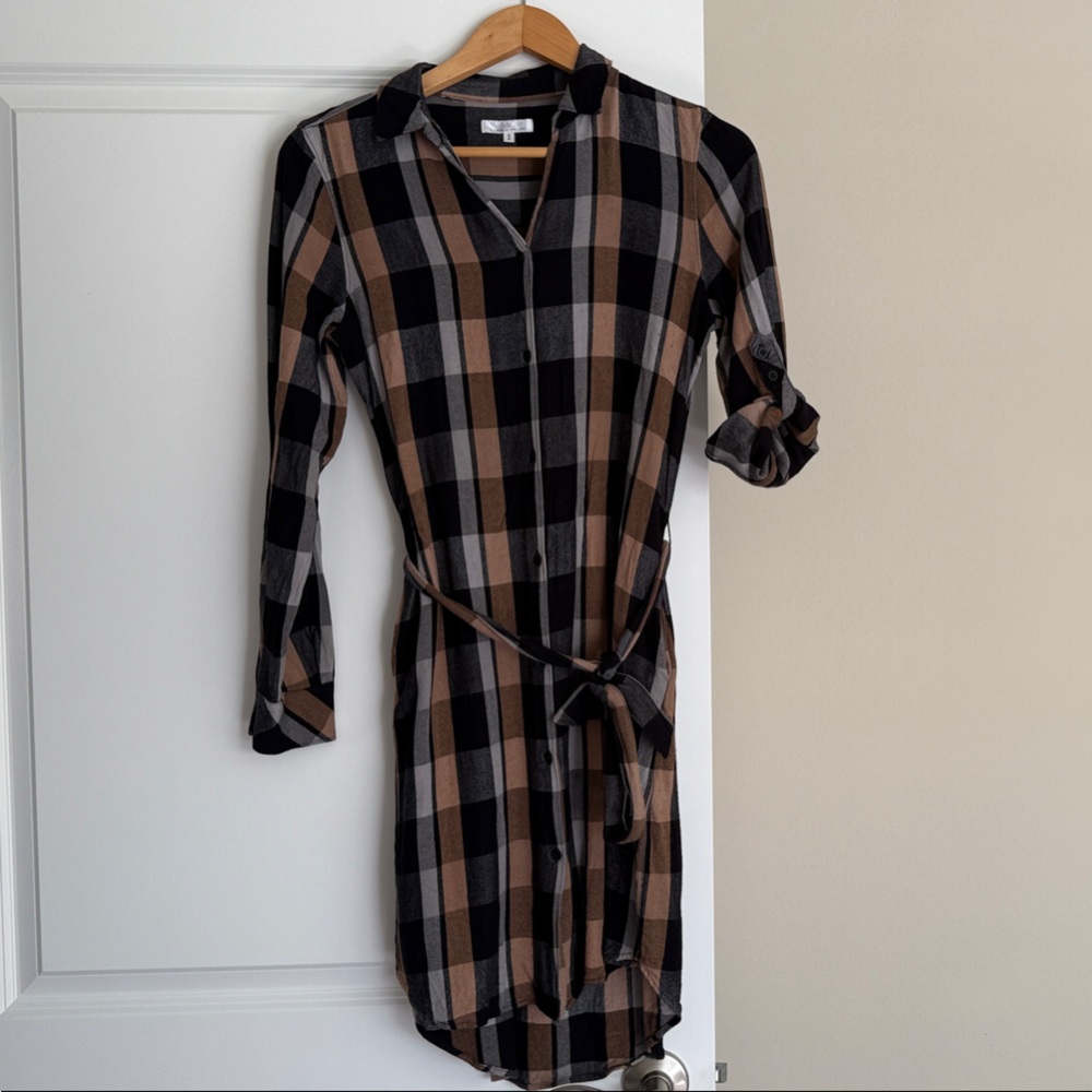 RW&CO. Black and Brown Plaid Long Sleeve Dress